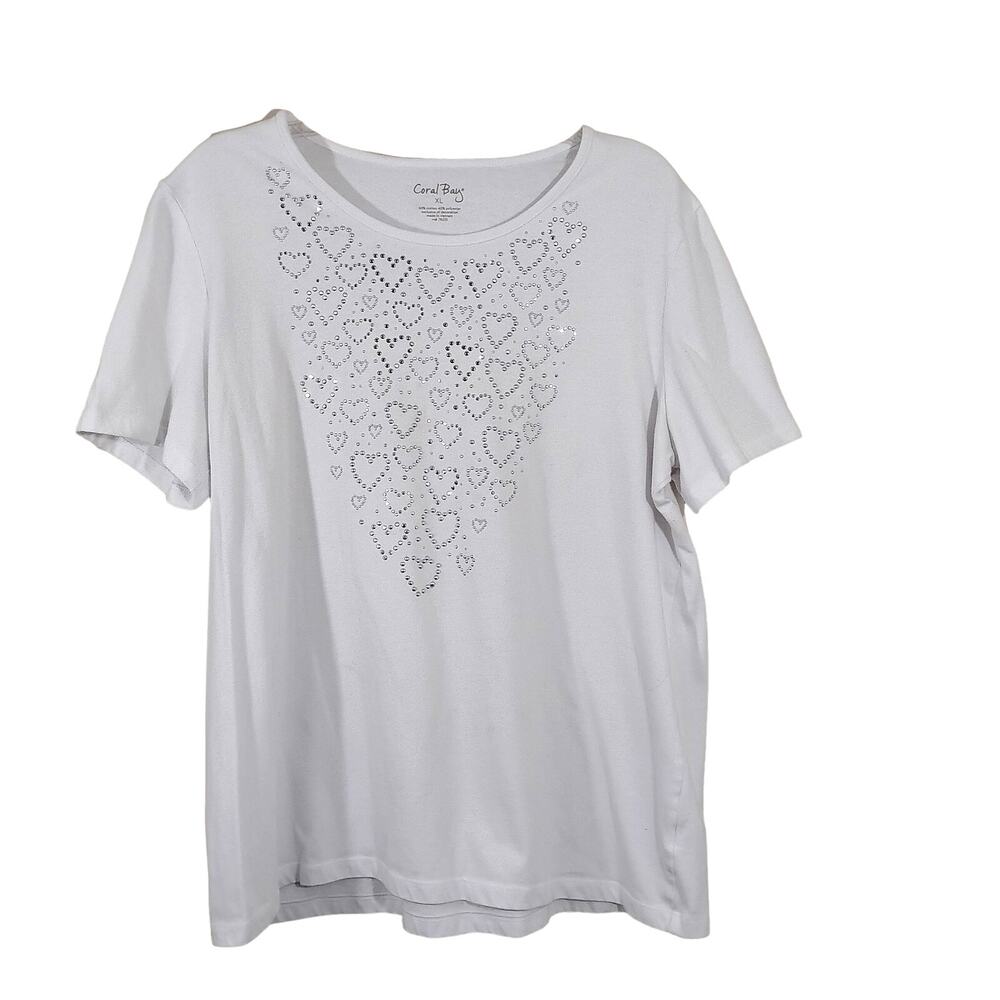 Coral Bay Womens XL White Top Short Sleeve Hearts Embellishment Pullover